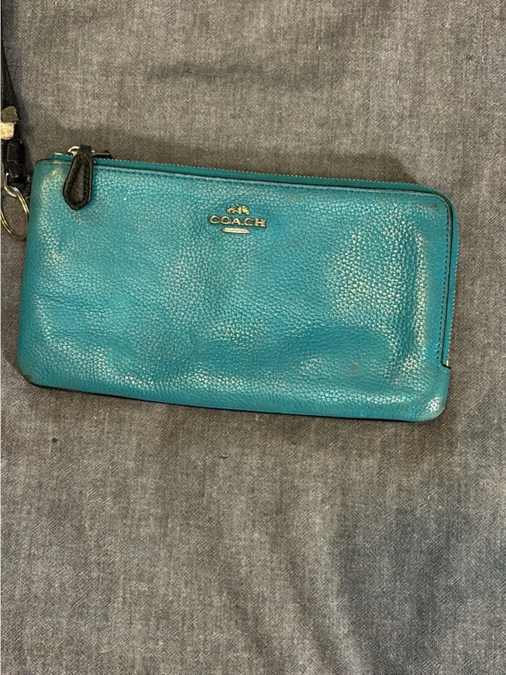 Coach Turquoise Pebbled Leather Wristlet with Gold Logo